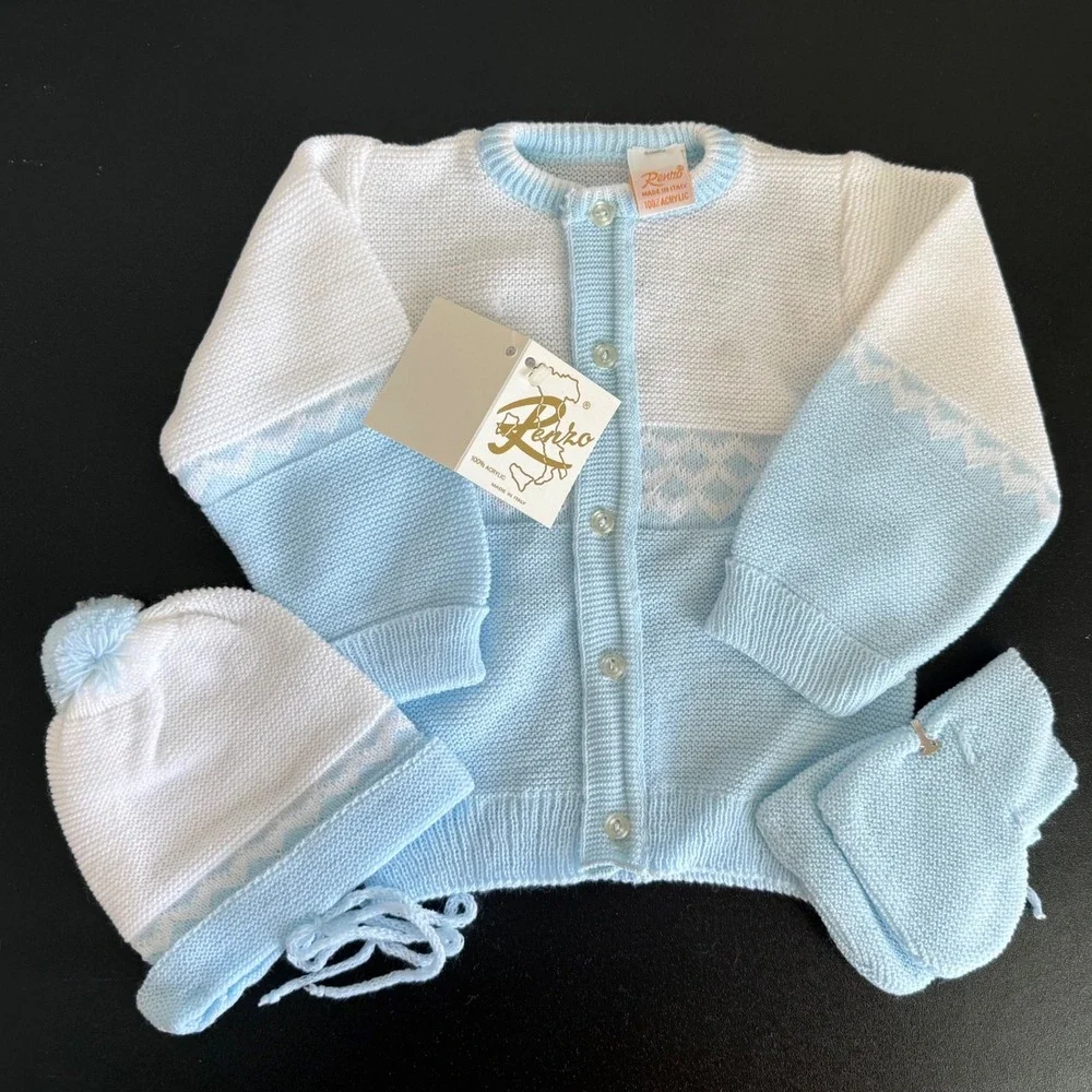 Renzo Knit Cardigan Set Baby 0-3M Blue White Italian 3pc Hat Booties Vintage